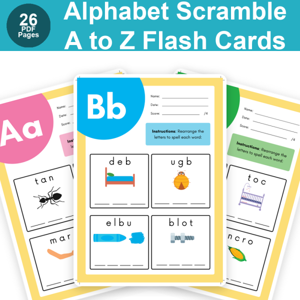 Alphabet Scramble Worksheets A to Z Printable PDF | Rearrange the Letters Sequencing Activity for Preschool & Kindergarten