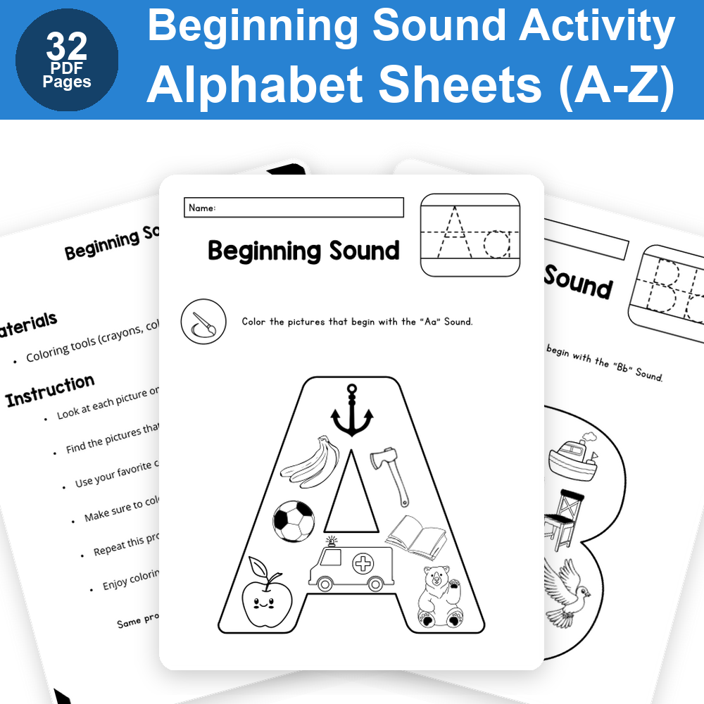 Alphabet Beginning Sound Activity Sheets (A-Z) | Toddler Phonics Sound Recognition Coloring Book | Early Literacy Morning Work Printable