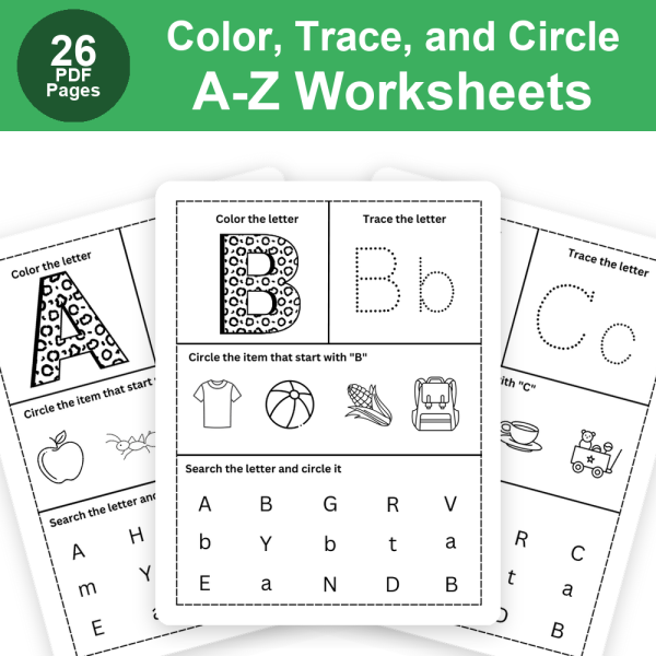 Color the Letter, Trace the Letter, Circle the Beginning Sound & Search the Letter Worksheet A-Z Printable PDF | Alphabet Activity for Preschool, Kindergarten & 1st Grade