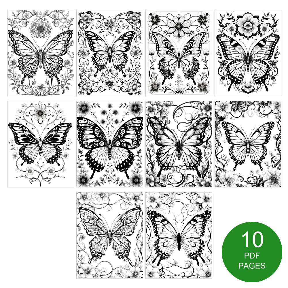 Butterfly Coloring Pages Set of 10 | Printable Coloring Pages Set 2