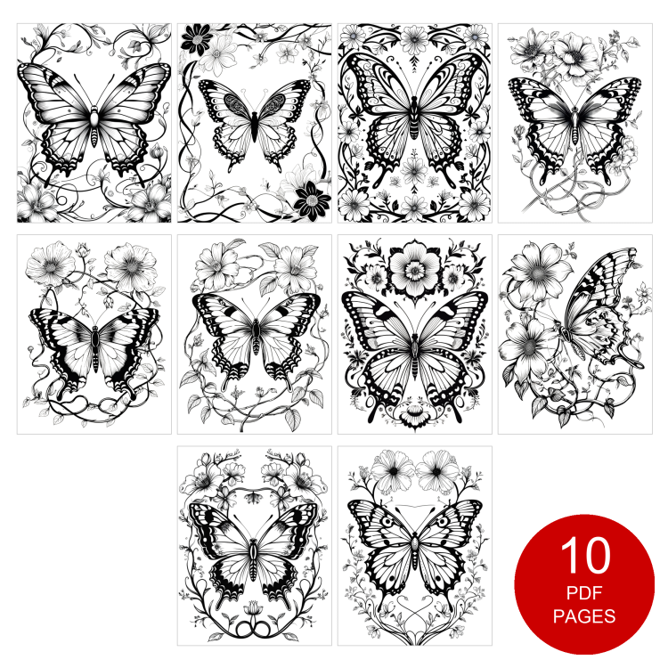 Butterfly Coloring Pages Set of 10 | Printable Coloring Pages Set 3
