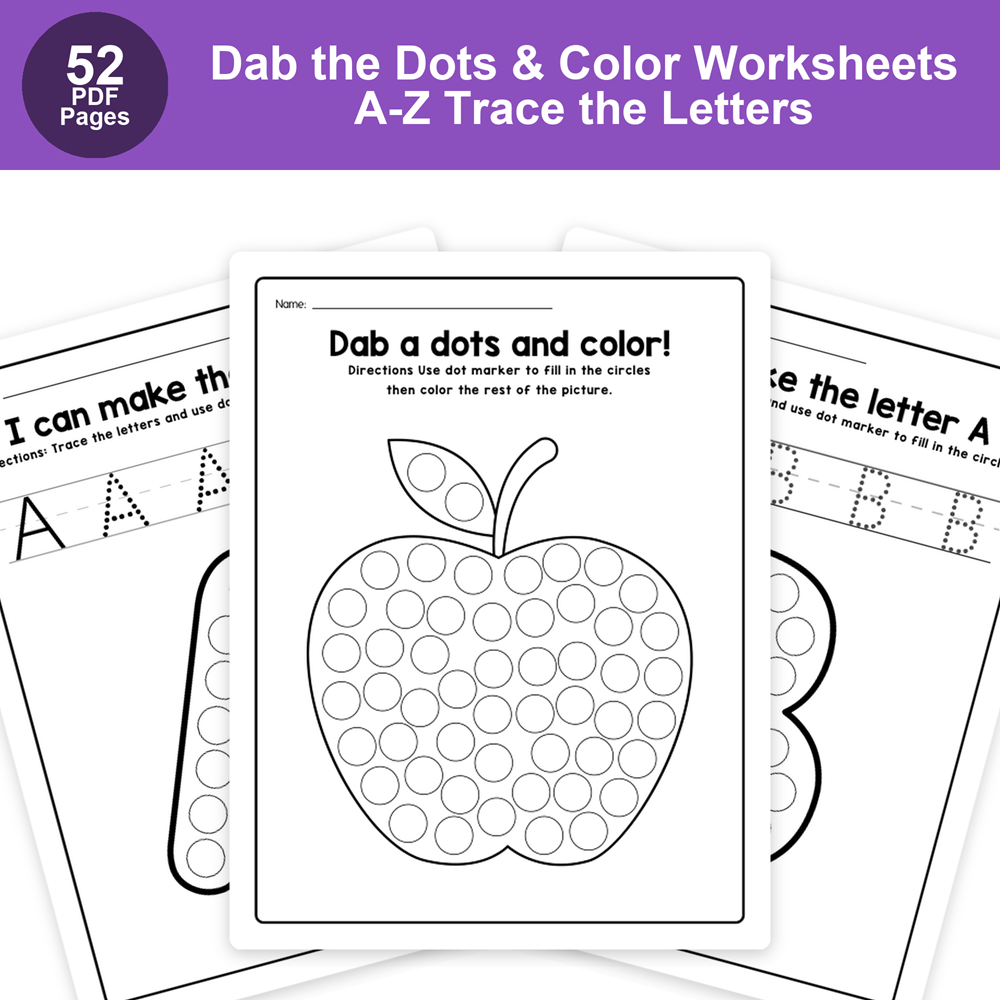A-Z Trace the Letters, Dab the Dots & Color | Alphabet Dot Marker Words Worksheets for Kids