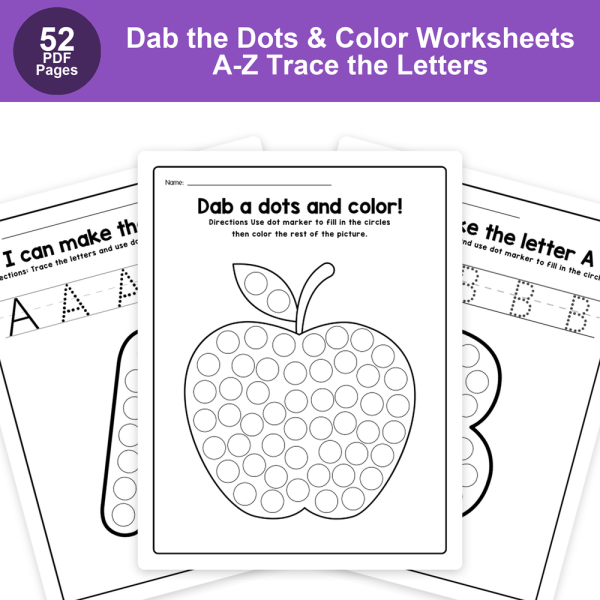A-Z Trace the Letters, Dab the Dots & Color | Alphabet Dot Marker Words Worksheets for Kids
