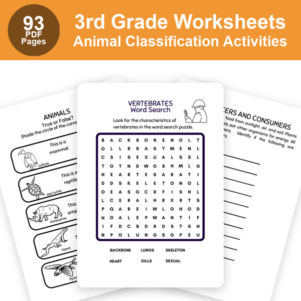 Third Grade Animals Worksheets | Vertebrates & Invertebrates, Habitats, Food Chains & Writing Practice PDF