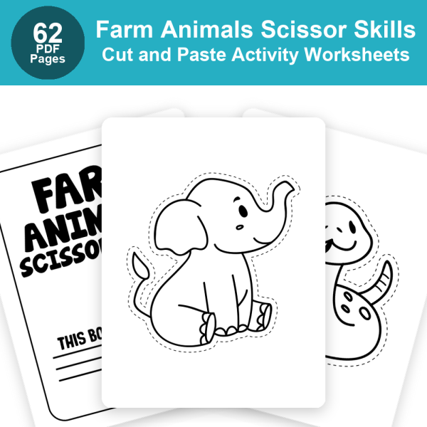 Farm Animals Scissor Skills Cut and Paste Activity Worksheets for Preschool & Kindergarten
