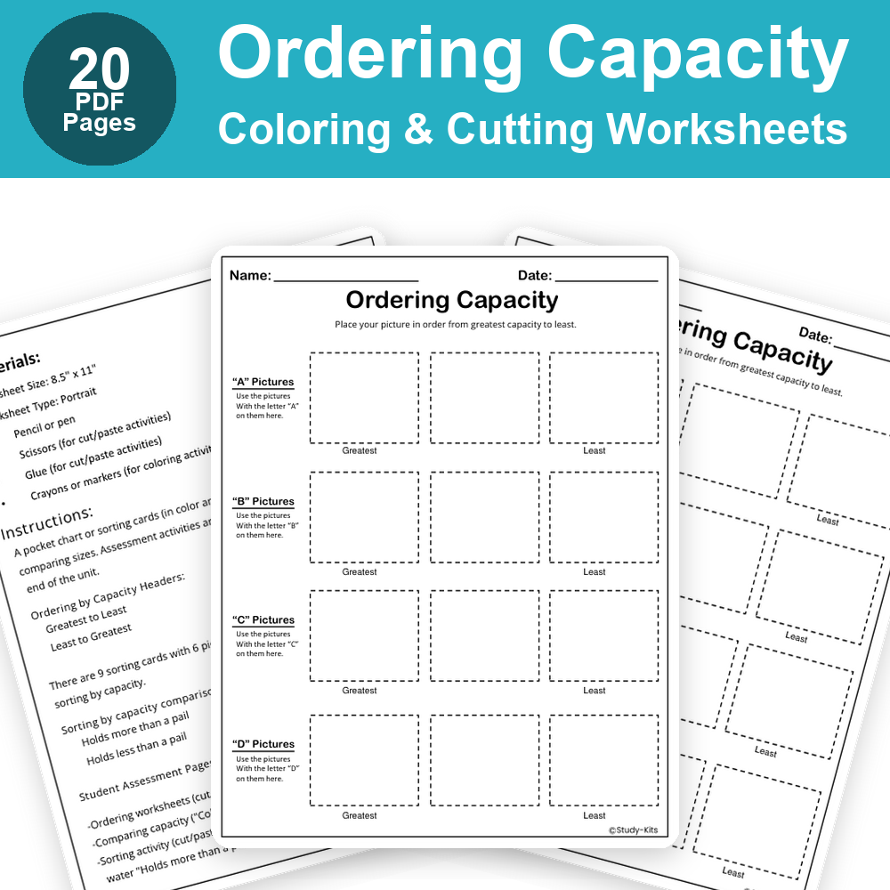 Ordering Capacity  | Coloring & Cutting Worksheets